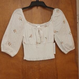 Elegant White Floral Blouse with Smocked Waist